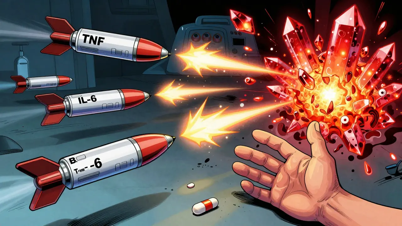 Biologic missiles targeting inflammatory monsters in a joint battlefield, with hand healing in foreground.