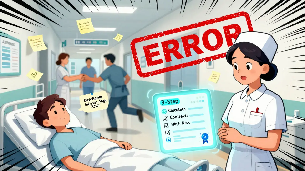 Chaotic hospital handoff with floating sticky notes vs. calm nurse following 3-step verification.