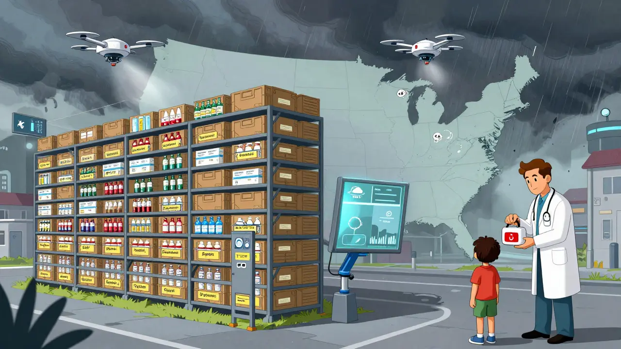 Climate-proof warehouse storing emergency medicines, AI drones monitoring weather, doctor giving stash to child.