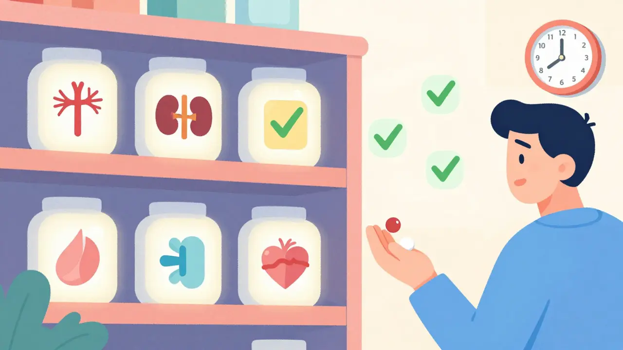 Combination blood pressure pills glowing on shelf with symbols of health