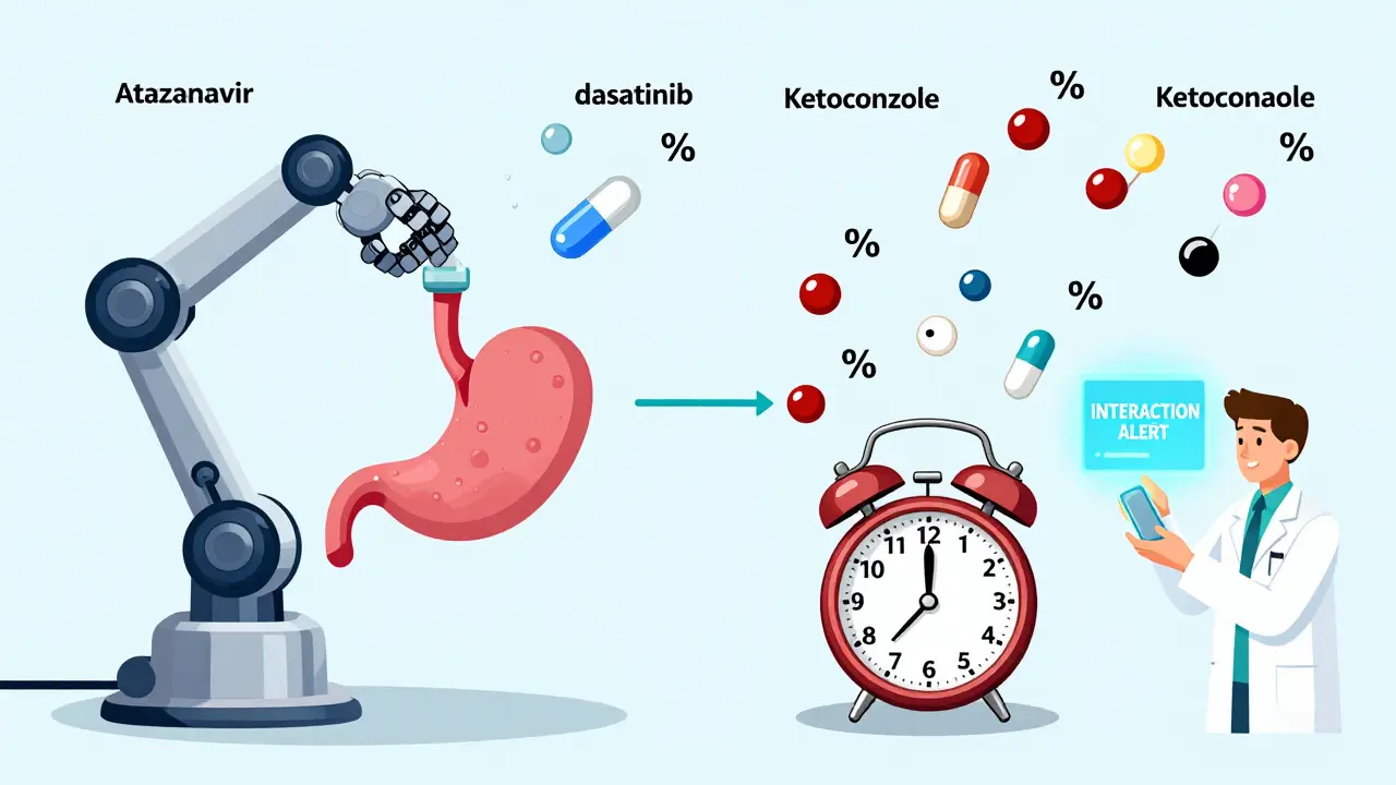 Comparison of PPI and H2 blocker effects on stomach acid, with drug molecules affected differently