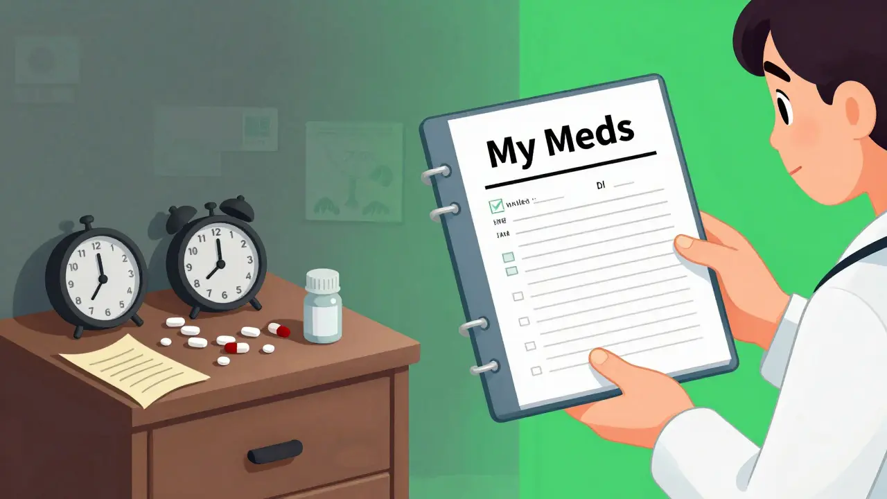Contrast between chaotic forgotten meds and organized medication binder handed to a doctor.