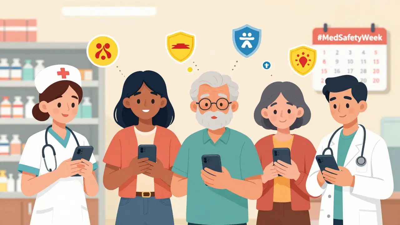 Diverse people reporting side effects using the Yellow Card app in a pharmacy setting.