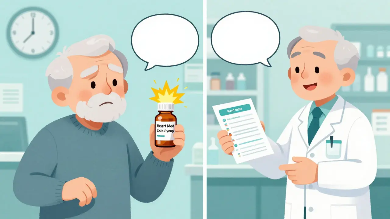 Elderly man receiving a safer medication and action plan from a pharmacist after a dangerous drug combo is found.