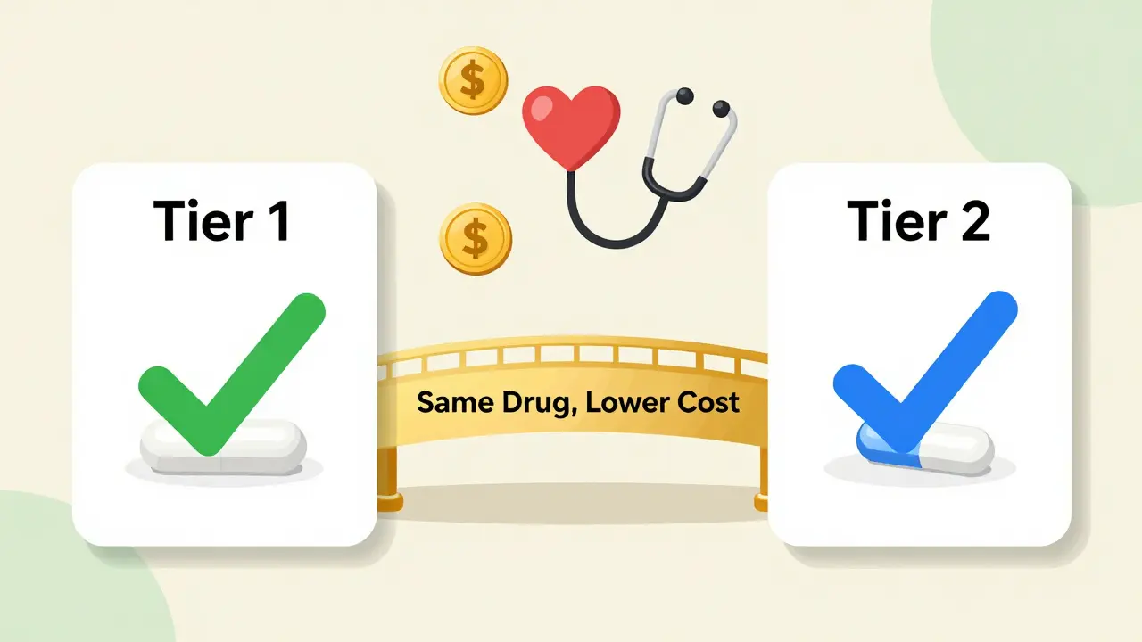 Formulary chart comparing regular and authorized generics with a bridge symbolizing cost savings and equal effectiveness.
