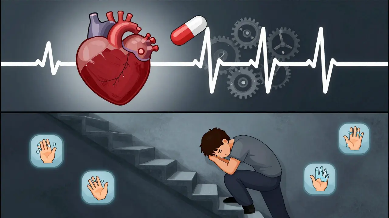 Heart slowing down with beta blocker, person tired climbing stairs