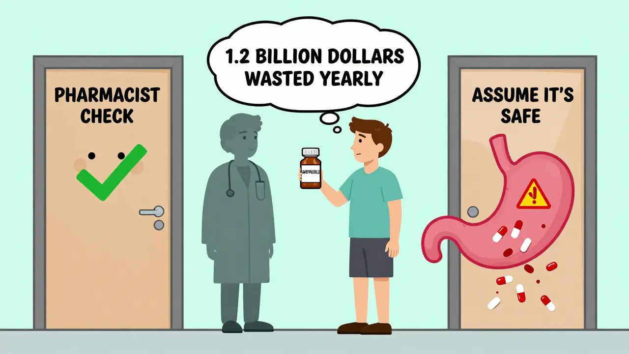 Patient choosing between pharmacist consultation and risky assumption, with warning symbols