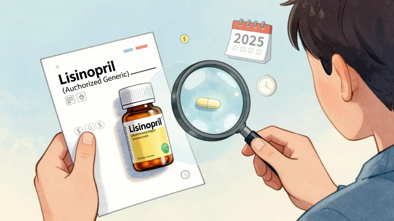 Patient examining an authorized generic pill under a magnifying glass, with transparent view showing identical brand pill inside.