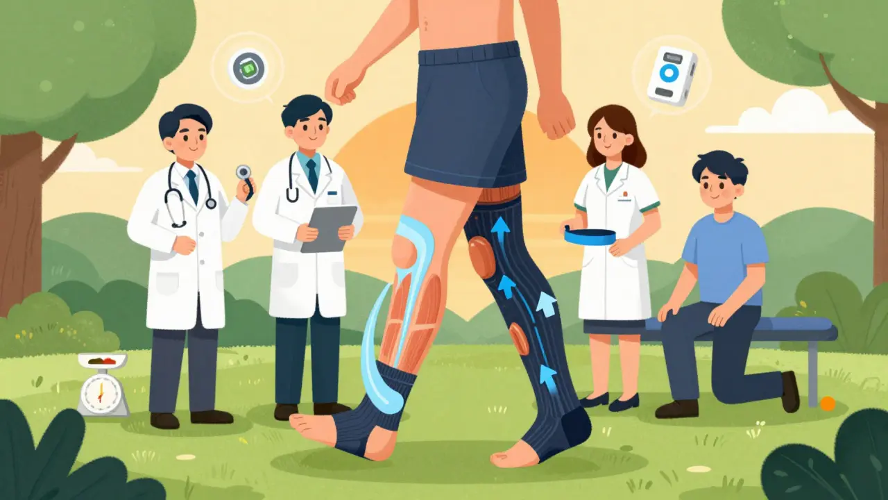 Patient walking with compression socks, fluid flowing upward, healthcare team supporting, bioimpedance device glowing in background.