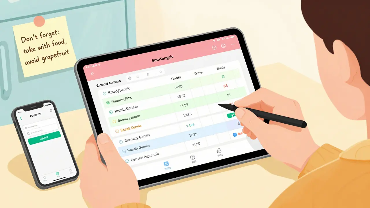 Person organizing digital medication log on tablet with pharmacy label and fridge reminder.