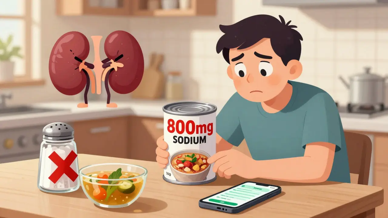 Person reading food label with high sodium warning, kidney shaking head, salt shaker crossed out, low-sodium alternatives on counter.