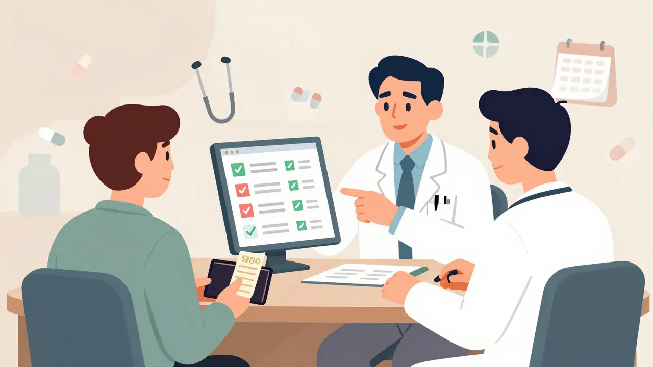 Pharmacist and doctor reviewing a patient's medication chart together, with savings receipt in hand.