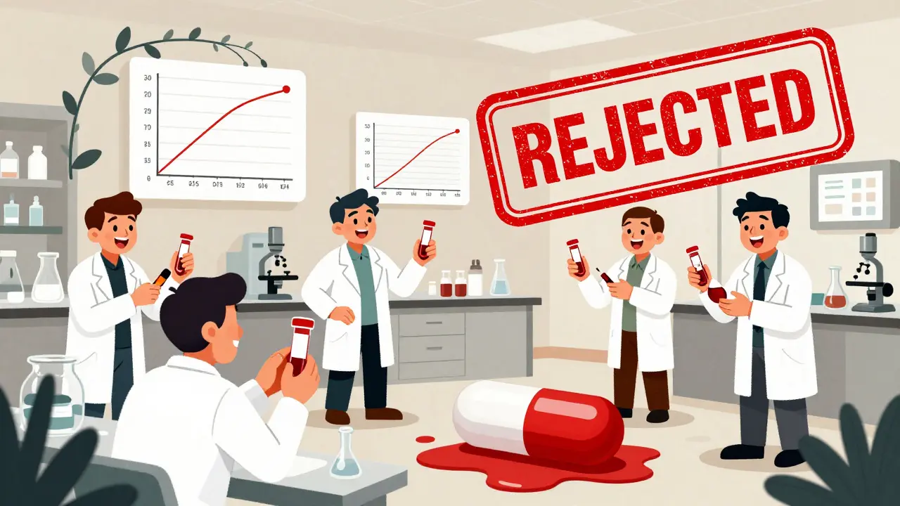Scientists collecting blood samples with matching drug curves, a rejected pill melting below.
