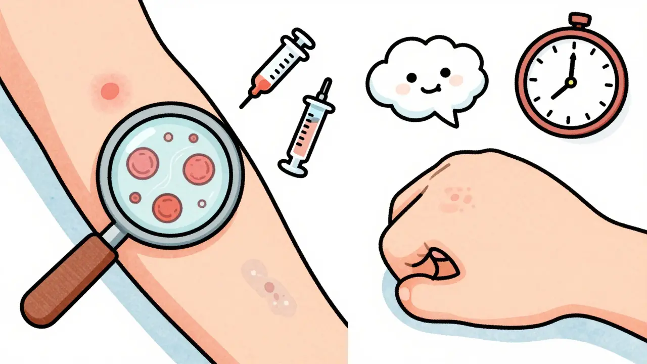 Side-by-side cartoon comparison of a positive skin test reaction and a negative control spot with floating medical icons.