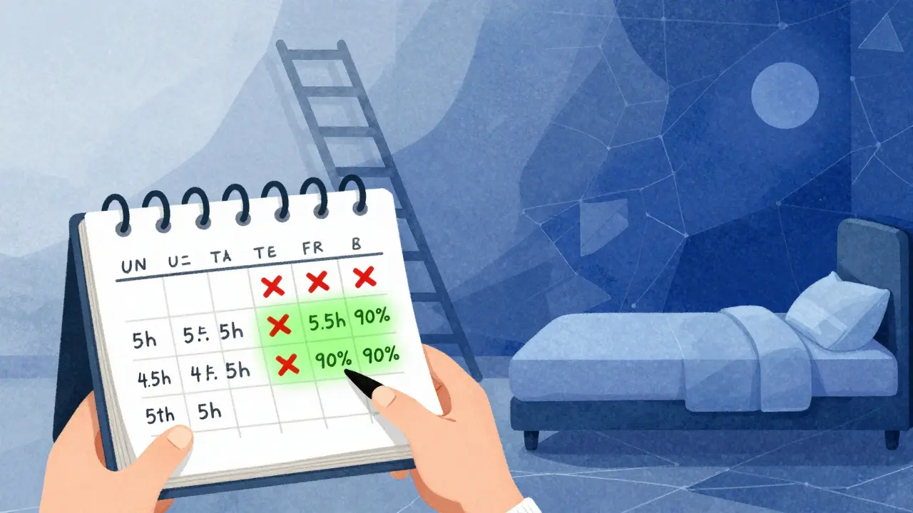 Someone holding a sleep diary with daily logs, a ladder of green efficiency scores rising behind them.