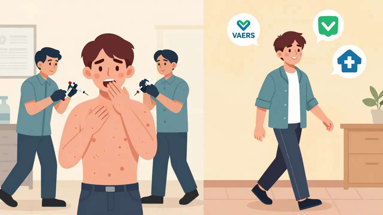 Split cartoon scene showing a vaccine reaction being treated and the patient recovering safely.