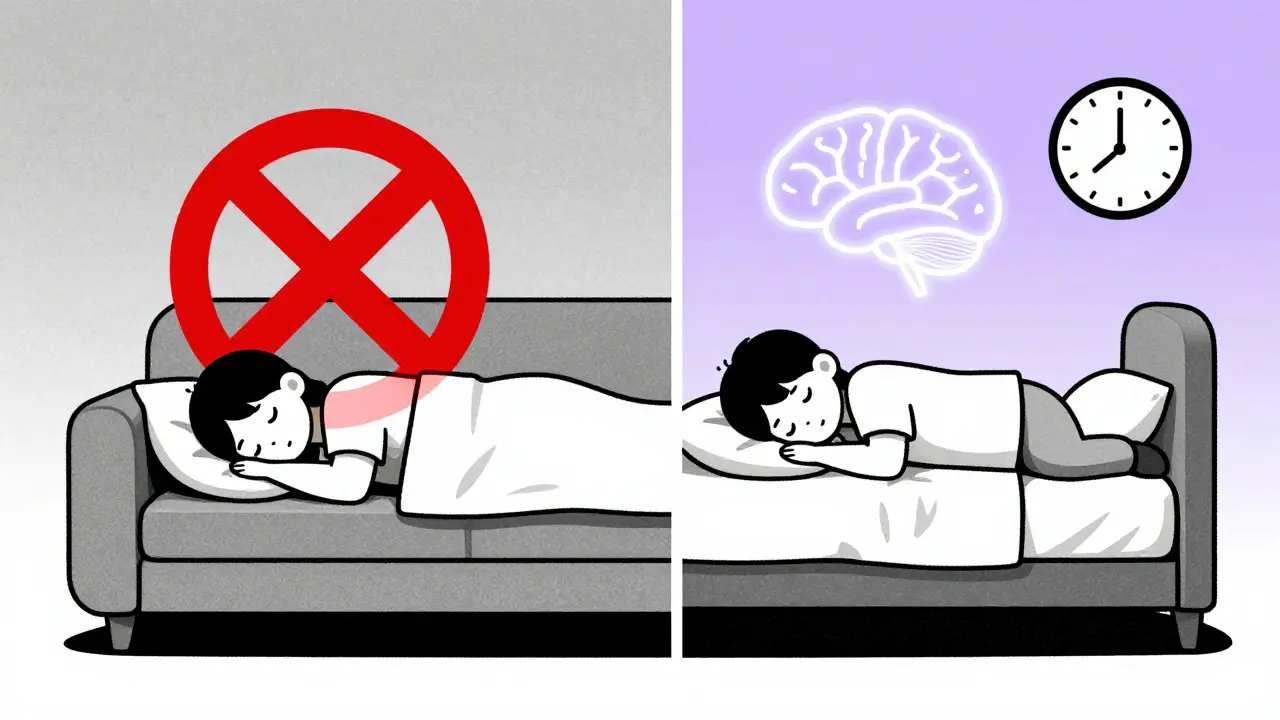 Split image: person napping during day with NO symbol vs. sleeping deeply at night with rewiring brain.