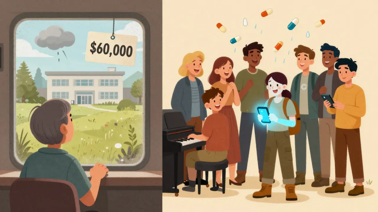 Split scene: rural patient with high drug cost vs. joyful people living actively with healthy joints.