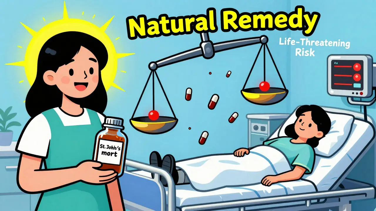 Split scene: woman holding herbal supplement on one side, hospitalized on the other, with a tipping scale between them.