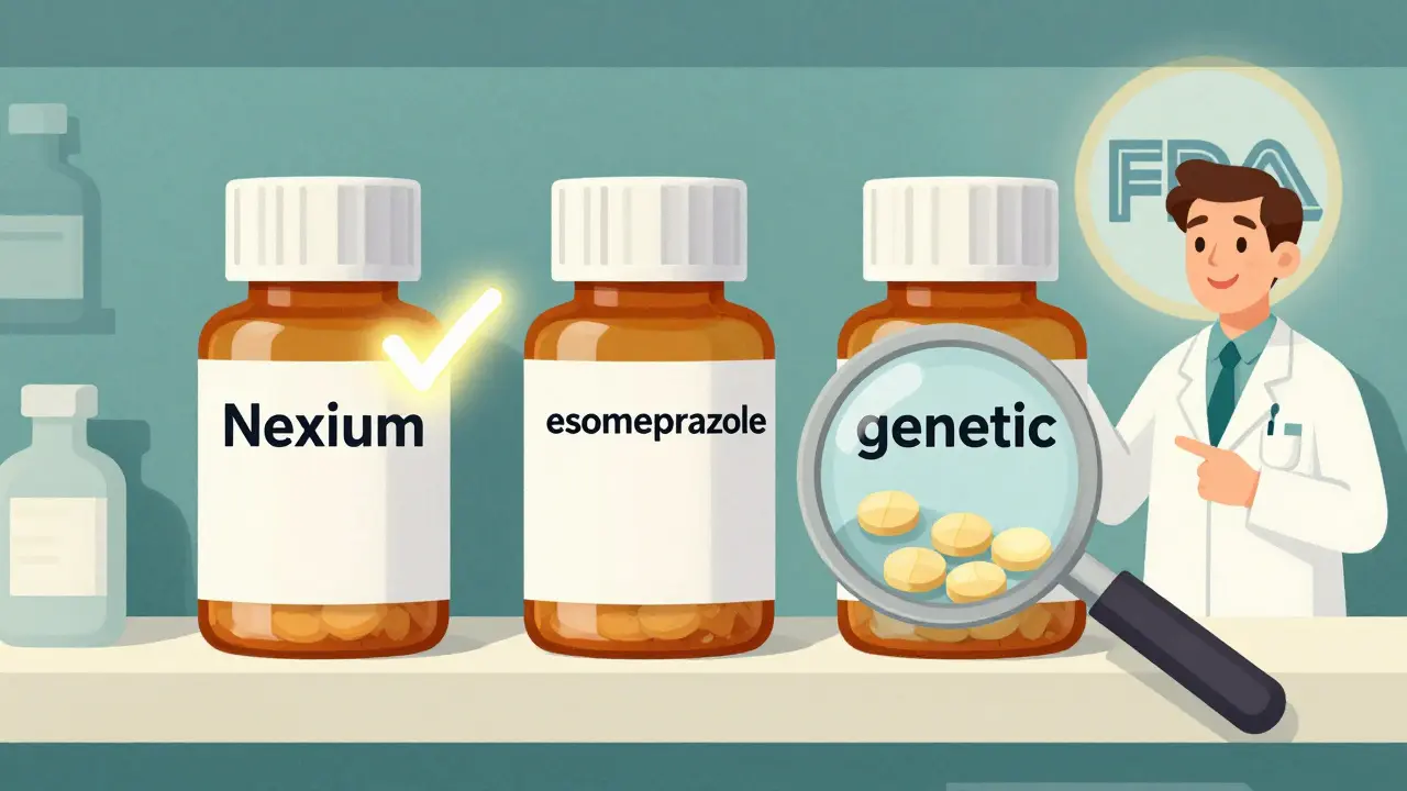 Three identical pill bottles on a shelf, with a glowing checkmark on the authorized generic version.