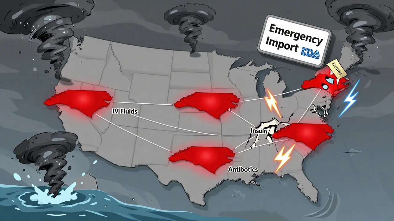 U.S. supply chain map breaking at key drug manufacturing sites during climate disasters.
