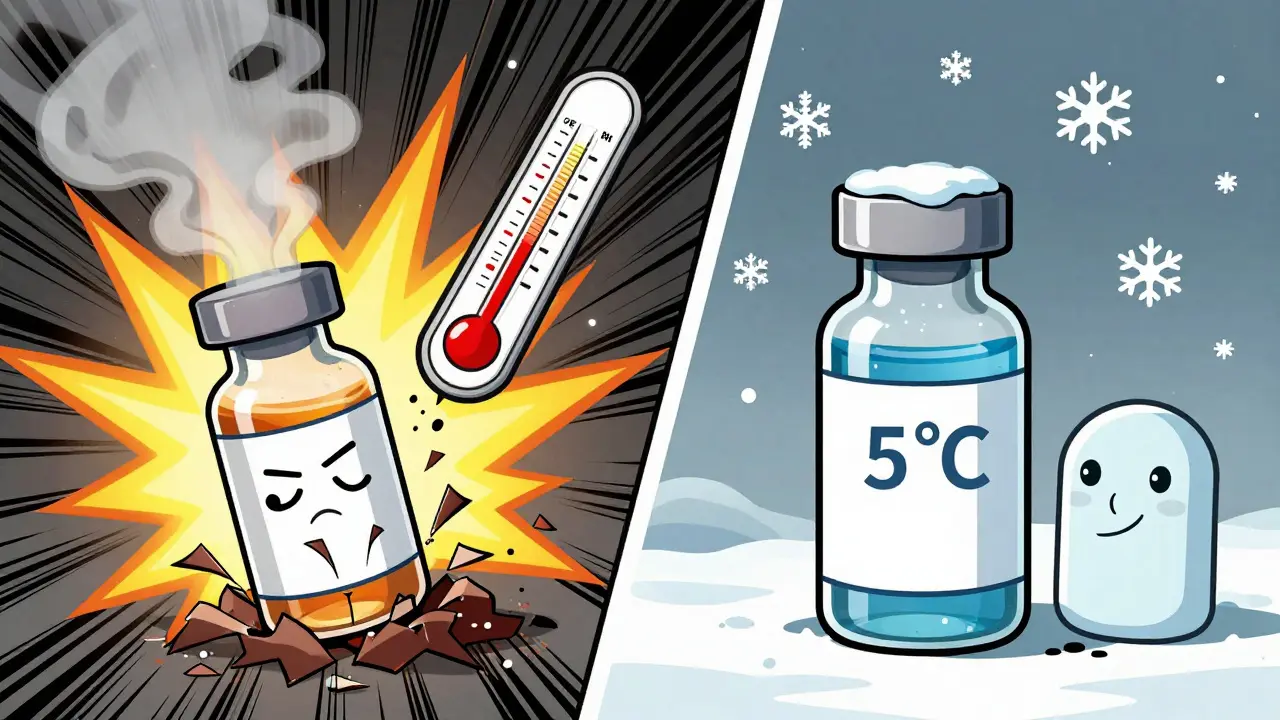 A biologic vial cracking under heat stress on one side, stable in cold on the other, with thermometers showing contrast.