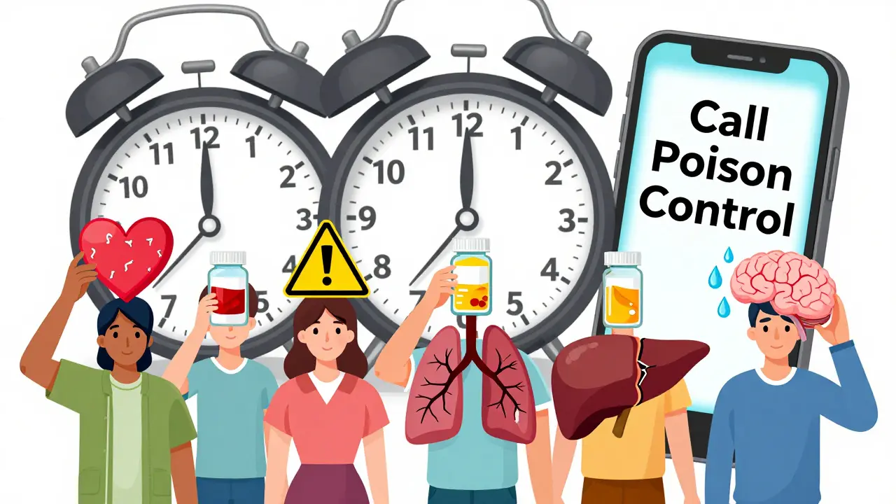 A group of people with medical warning symbols above their heads, a ticking clock, and a phone displaying 'Call Poison Control'.