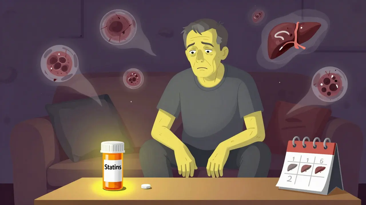 A man with yellowing skin and eyes, surrounded by floating images of liver damage, holding a statins prescription bottle.
