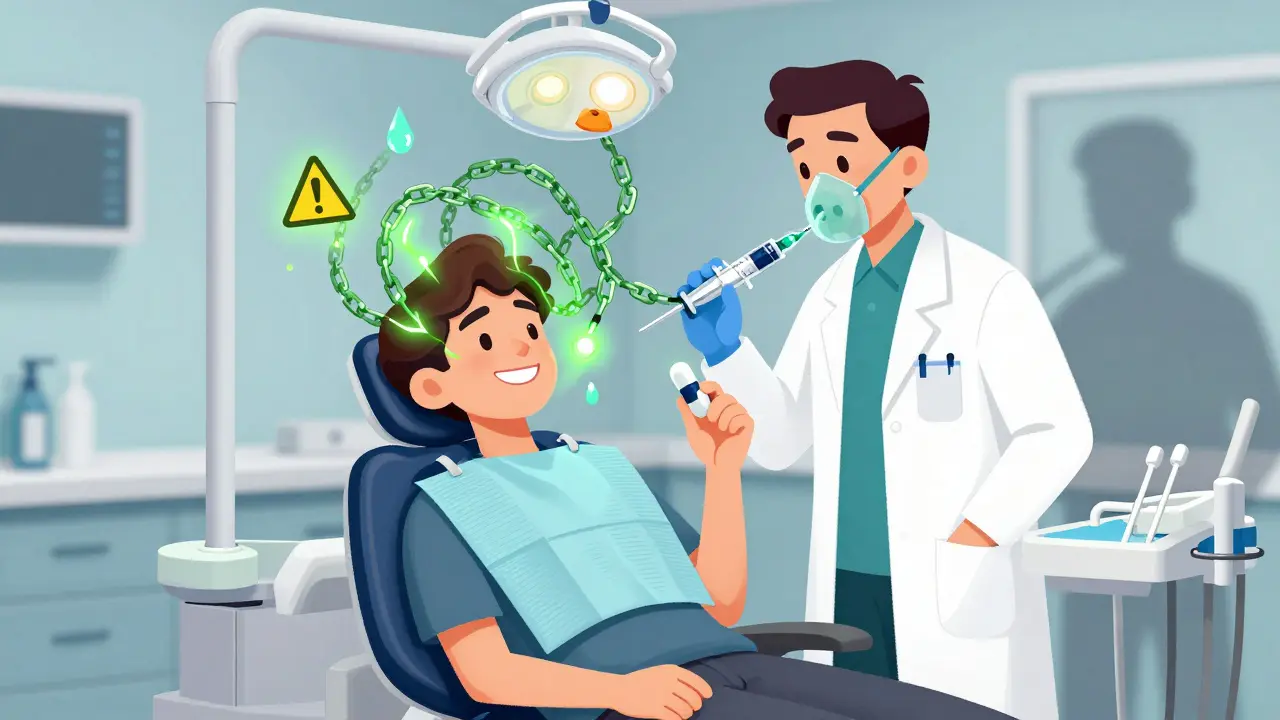 A patient in a dental chair connected by invisible energy chains to sedation equipment, illustrating hidden interaction risks.