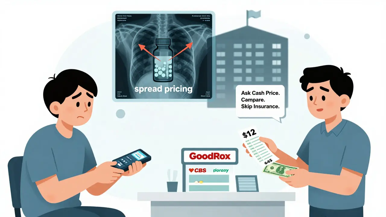 A patient pays  with insurance on one side,  cash on the other, with hidden money arrows going to a PBM building.