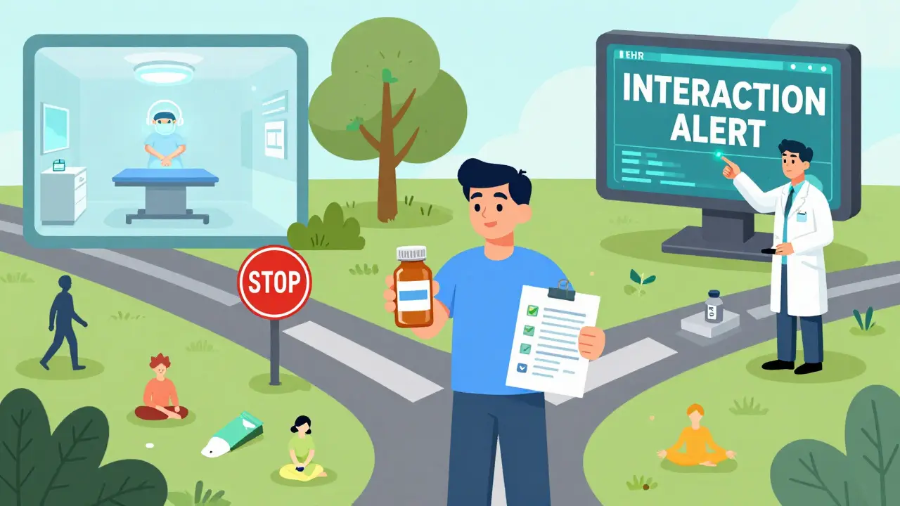 A person at a crossroads between surgery risk and healthy lifestyle, with a pharmacist warning of interaction.