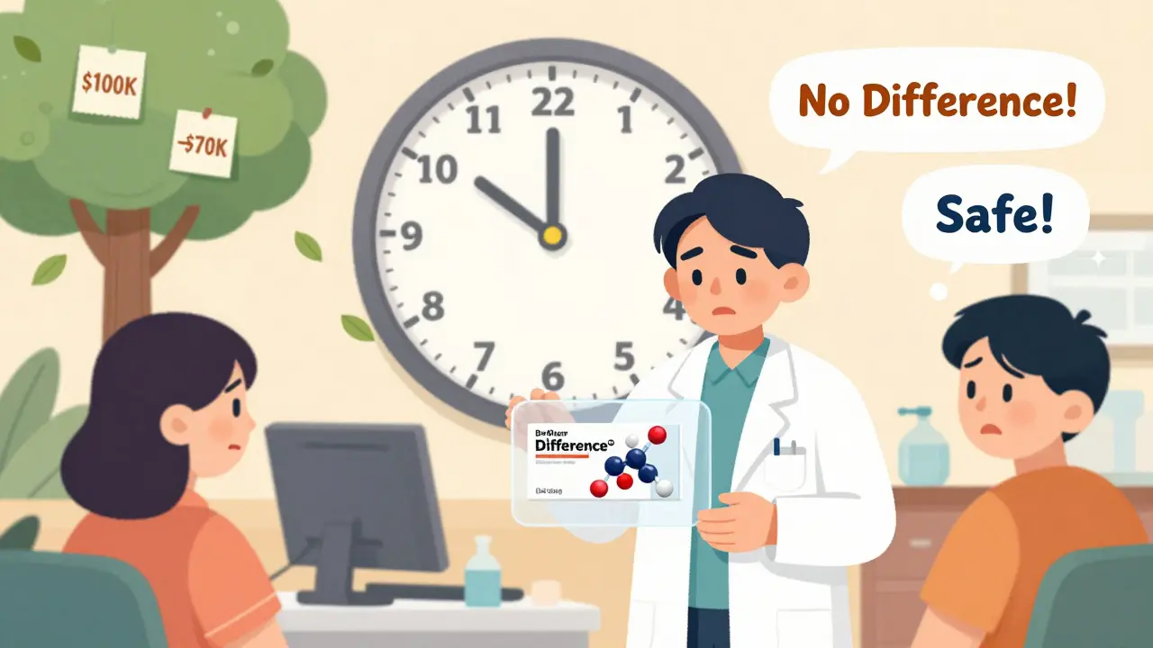 A pharmacist gives a biosimilar to a patient as prices drop and clocks advance toward 2030 in a hopeful cartoon scene.