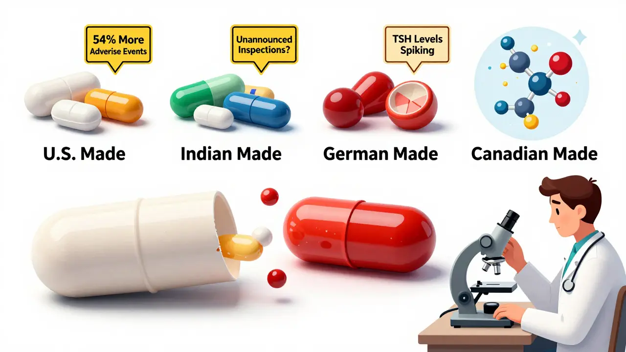 A single generic pill splitting into four versions with warning labels highlighting quality and absorption differences.