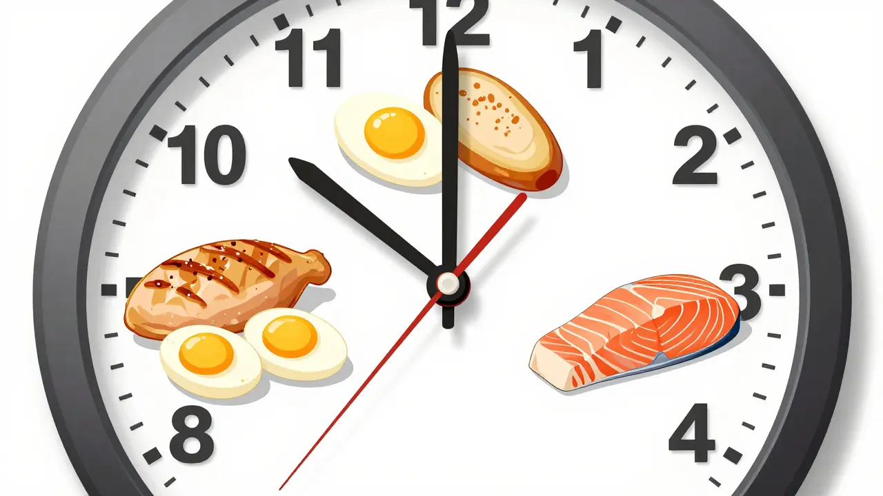 Clock showing three protein-rich meals throughout the day