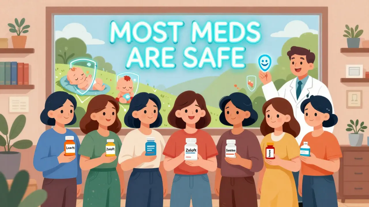Diverse mothers holding safe medications while a neon sign declares 'MOST MEDS ARE SAFE'