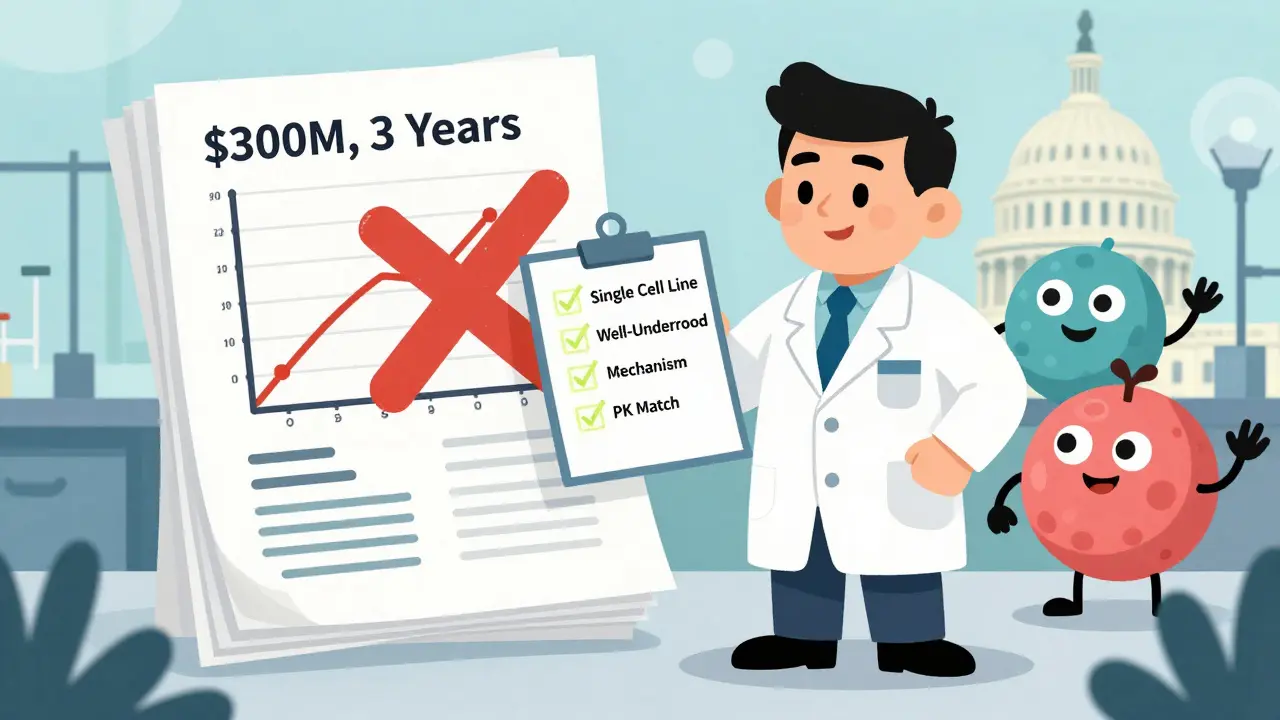 FDA inspector approving a biosimilar with a checklist, rejecting an expensive clinical trial in a stylized illustration.