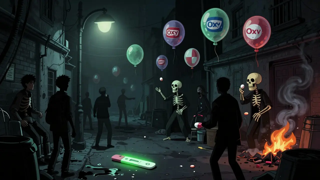 Fentanyl-laced pills floating in a dark alley, test strip discarded on wet pavement.