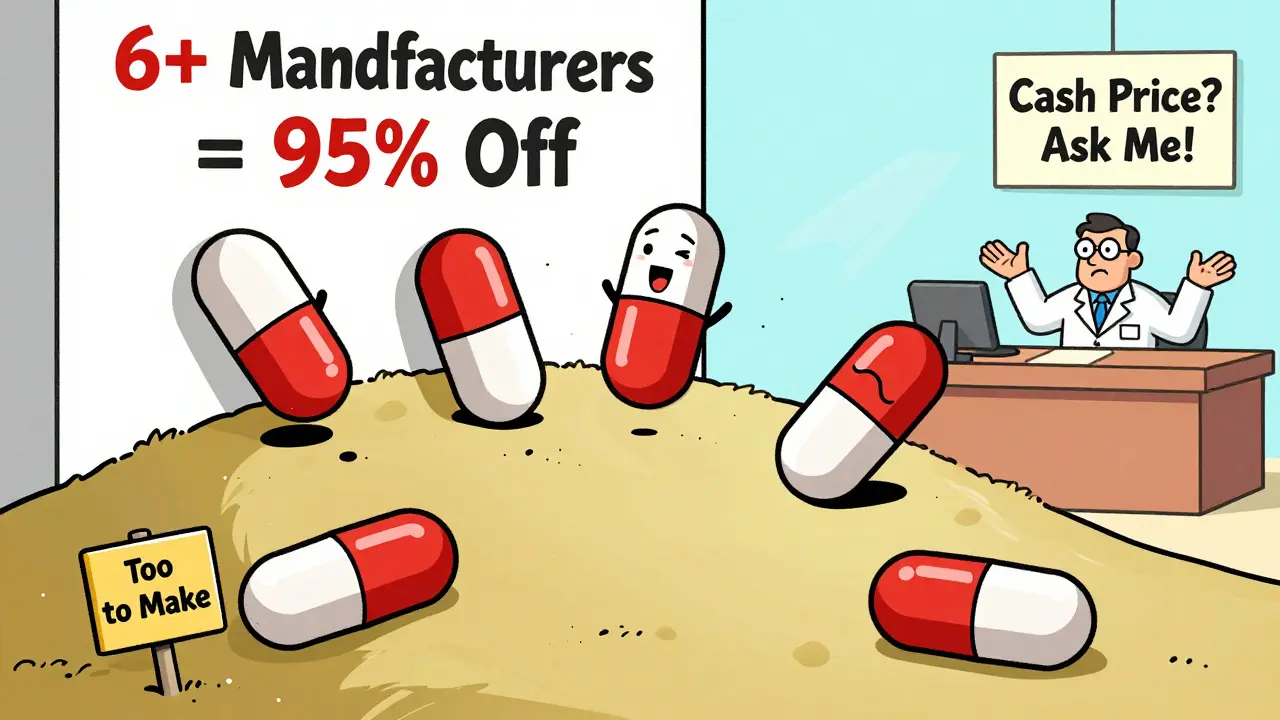Five generic pills race downhill, one collapsing as prices drop too low, labeled '6+ Manufacturers = 95% Off'.