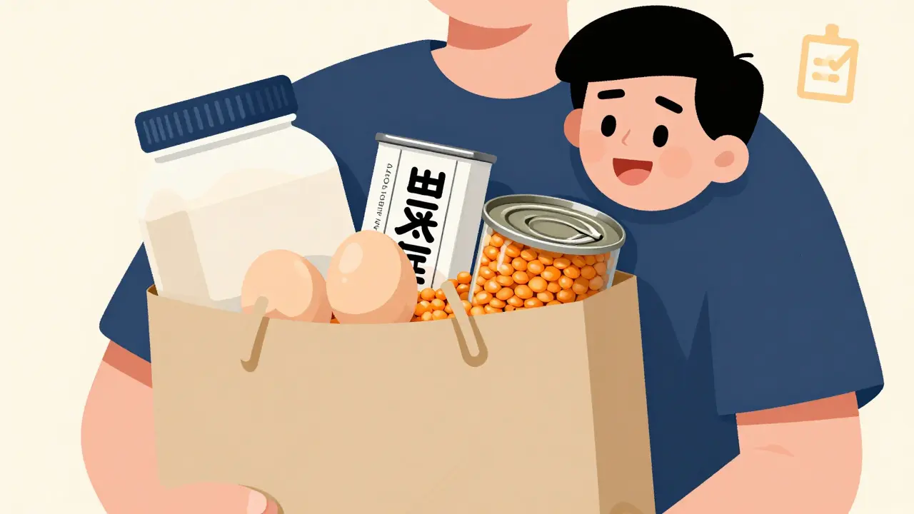 Grocery bag with affordable protein sources like eggs and canned tuna