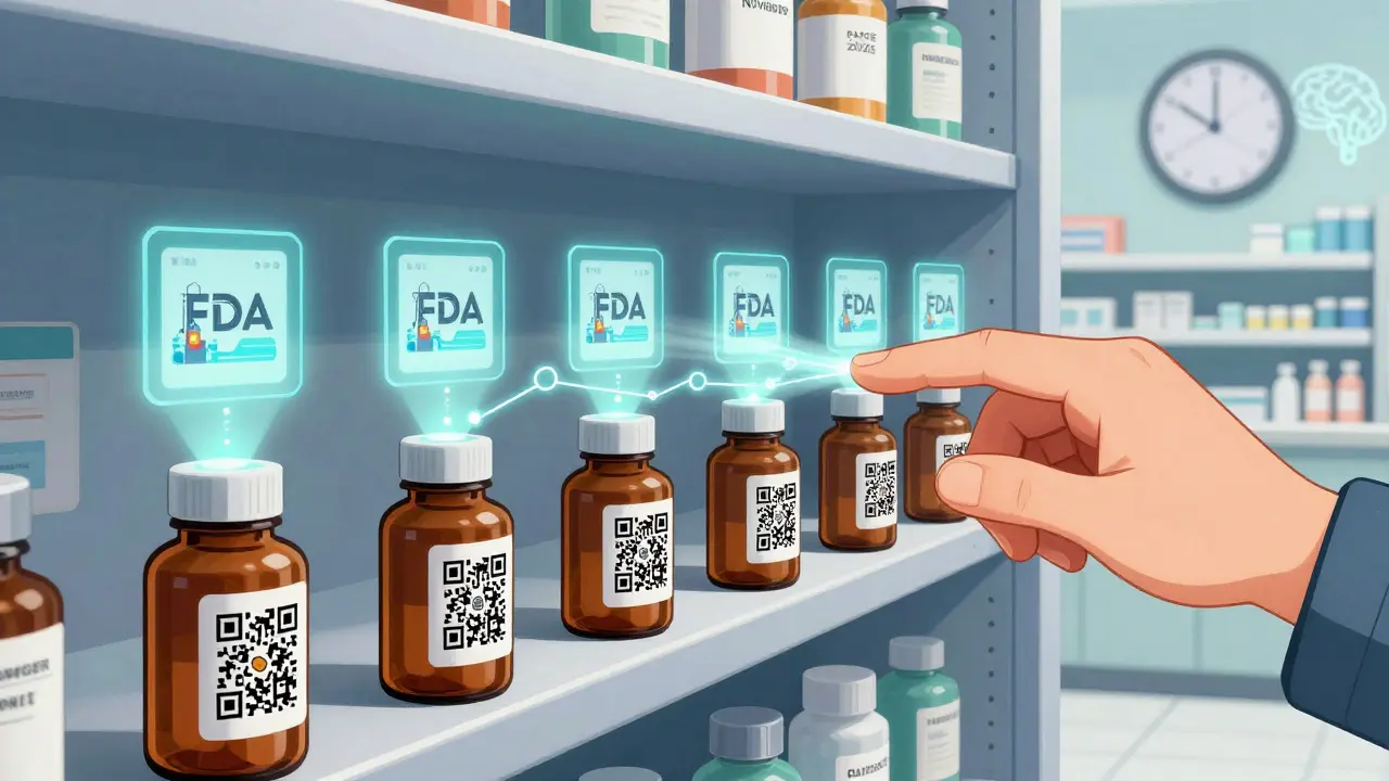 Medication bottles emitting QR codes that display blockchain-verified recall history, with a futuristic FDA verification system in the background.
