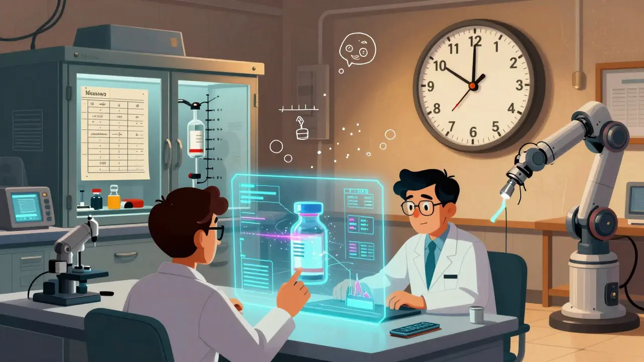 Scientists monitoring an mRNA vaccine's degradation via hologram, while a robot archives old stability logs.