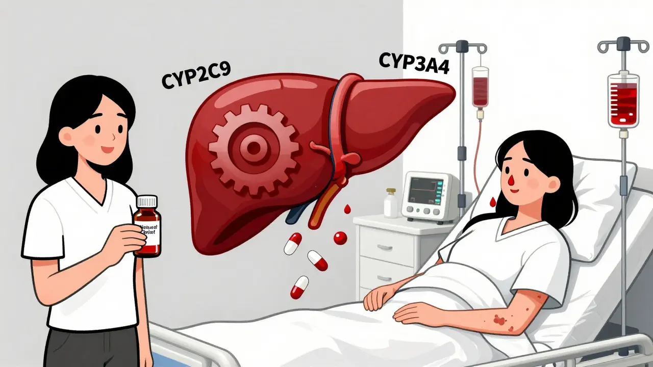 Split scene showing a woman enjoying herbal supplements on one side and hospitalized with bleeding on the other.