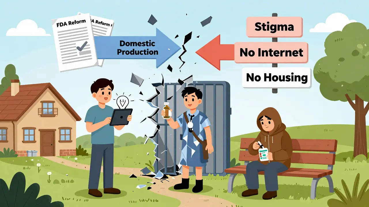 Three people in fractured society: telehealth user, incarcerated person, homeless individual.