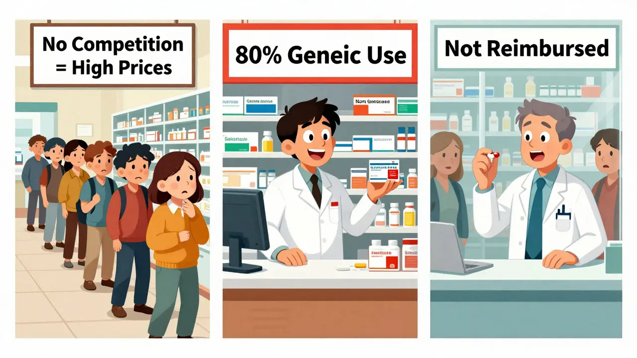 Three pharmacy scenes side by side showing contrasting generic drug use and pricing in the U.S., Germany, and Switzerland.