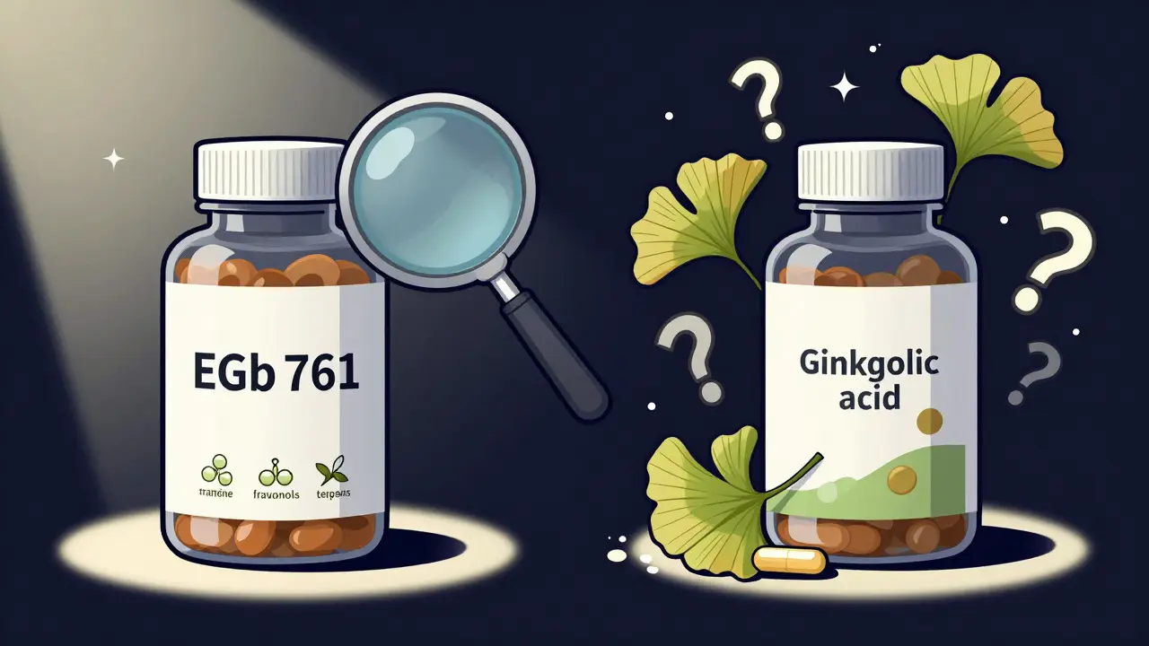 Two Ginkgo supplement bottles side by side, one standardized and clean, the other chaotic with unknown ingredients.