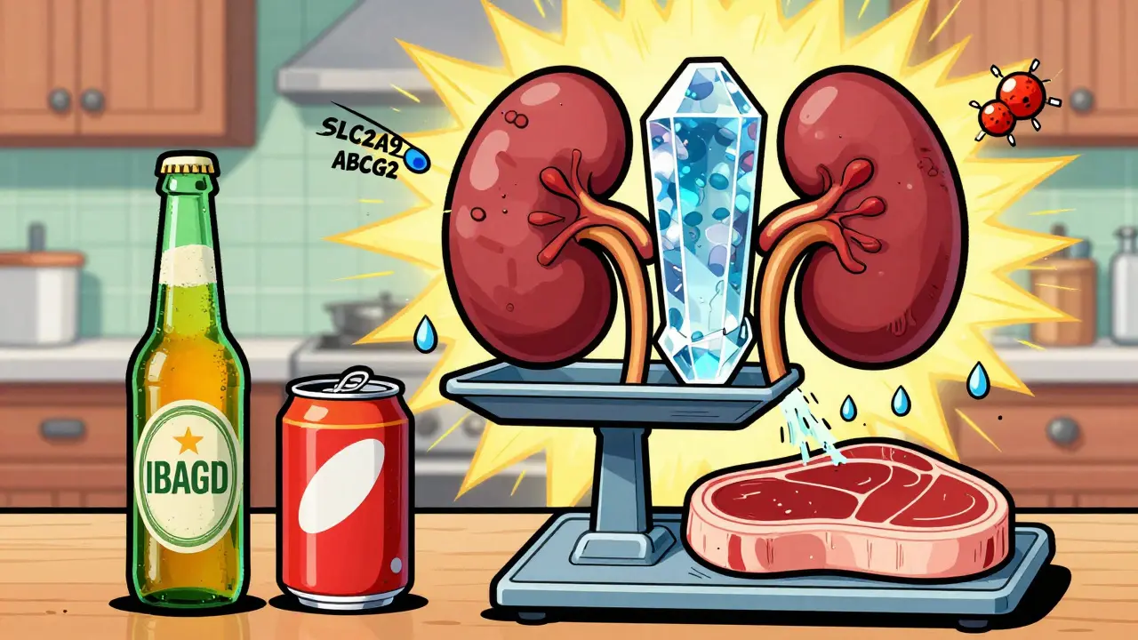 A cartoon kitchen with beer, soda, and steak tipping a scale toward a crystal, while a kidney fails to filter uric acid.