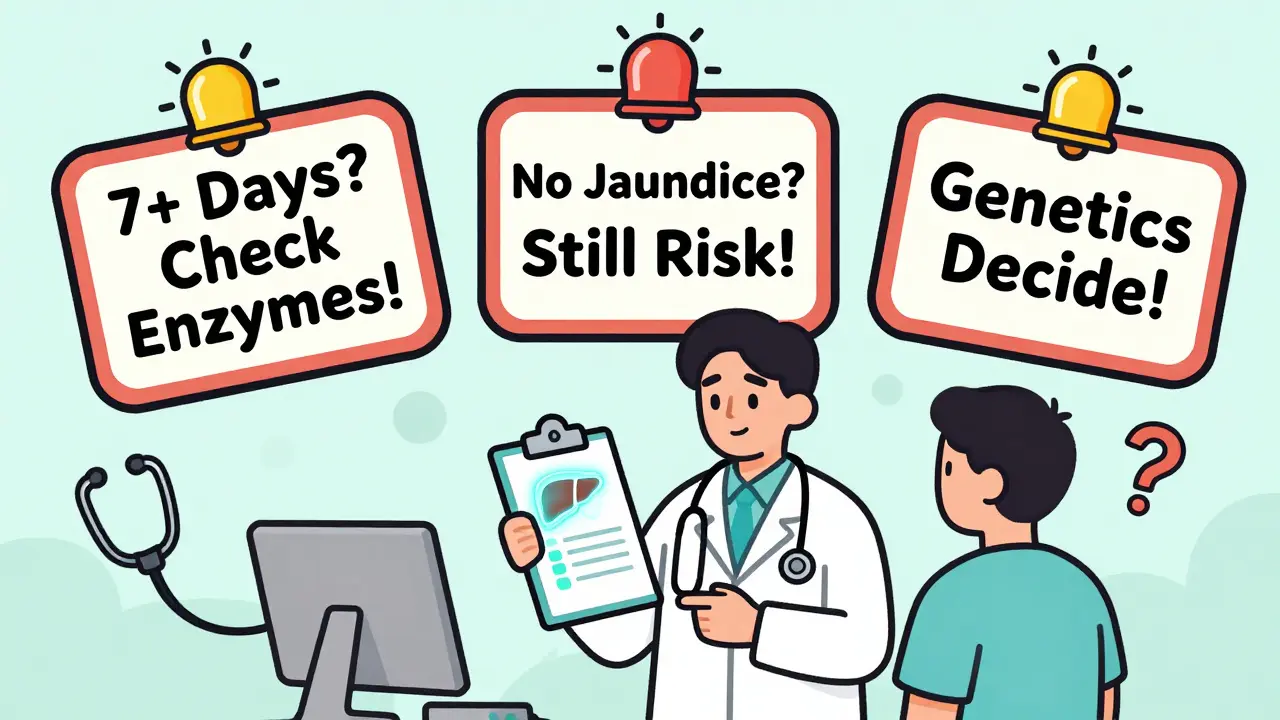 A doctor with warning signs about antibiotic liver risk and enzyme monitoring.