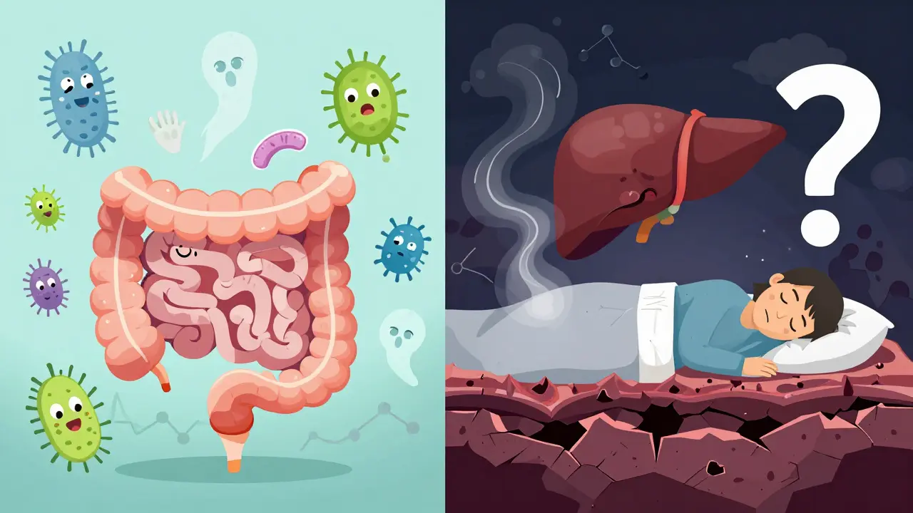 A healthy gut on one side, a damaged gut leaking toxins toward a stressed liver.