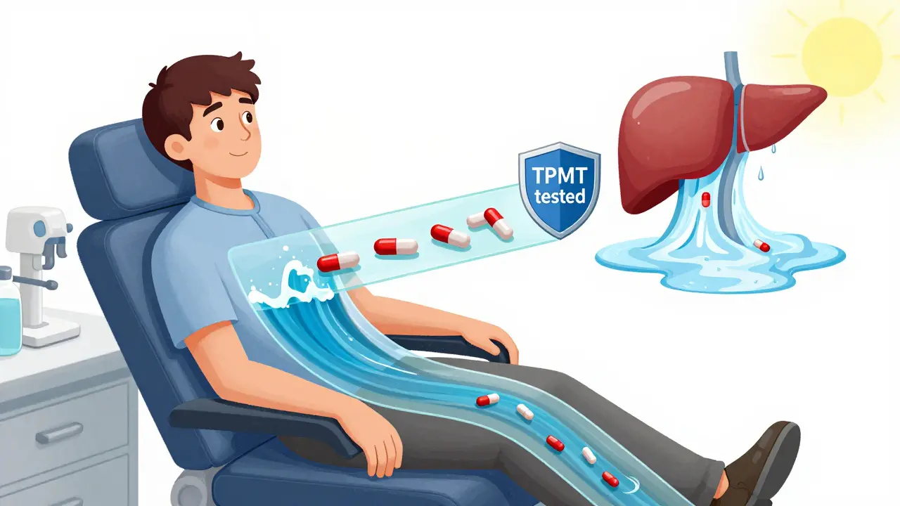 A patient receiving steroid and azathioprine treatment, with calming blue and red pathways visually suppressing immune attack on the liver.