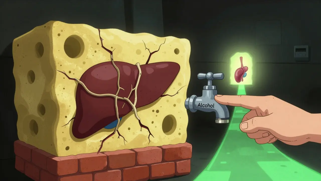 A scarred, brick-like liver with a hand turning off a faucet, as a glowing path leads toward a transplant organ.